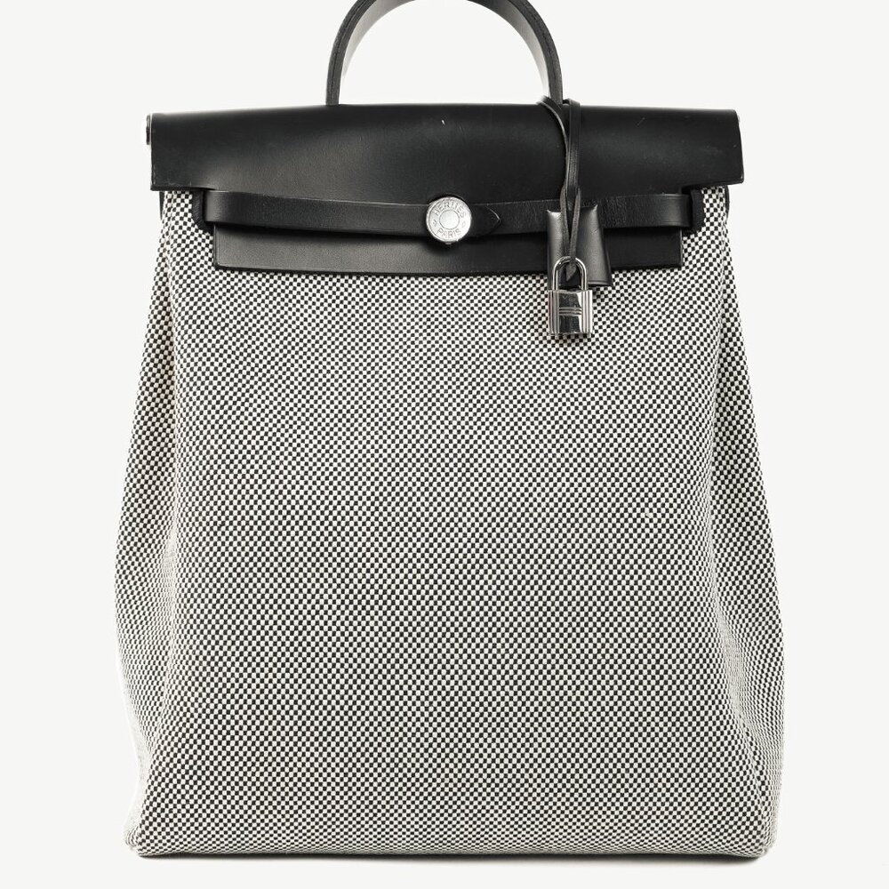 Hermes Herbag a Dos Zip Retourne Ecru & Noir Toile and Vache Hunter Backpack